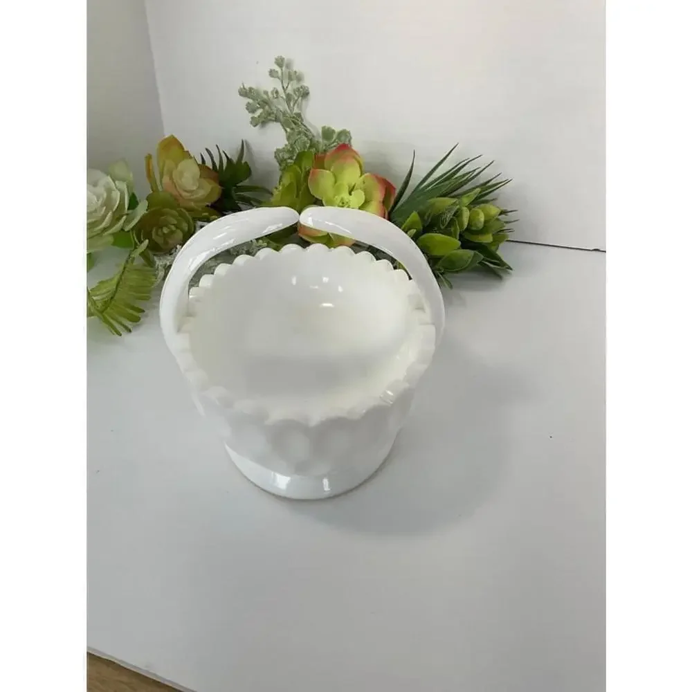 Olde Virginia Glass White Oval Basket with Thumbprint Handle Sticker